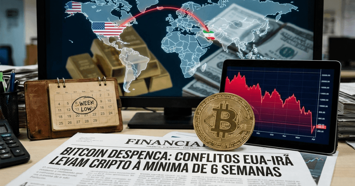 Ilustração editorial sobre bitcoin: Bitcoin Atinge Mínima de Seis Semanas Pós-Conflitos Globais