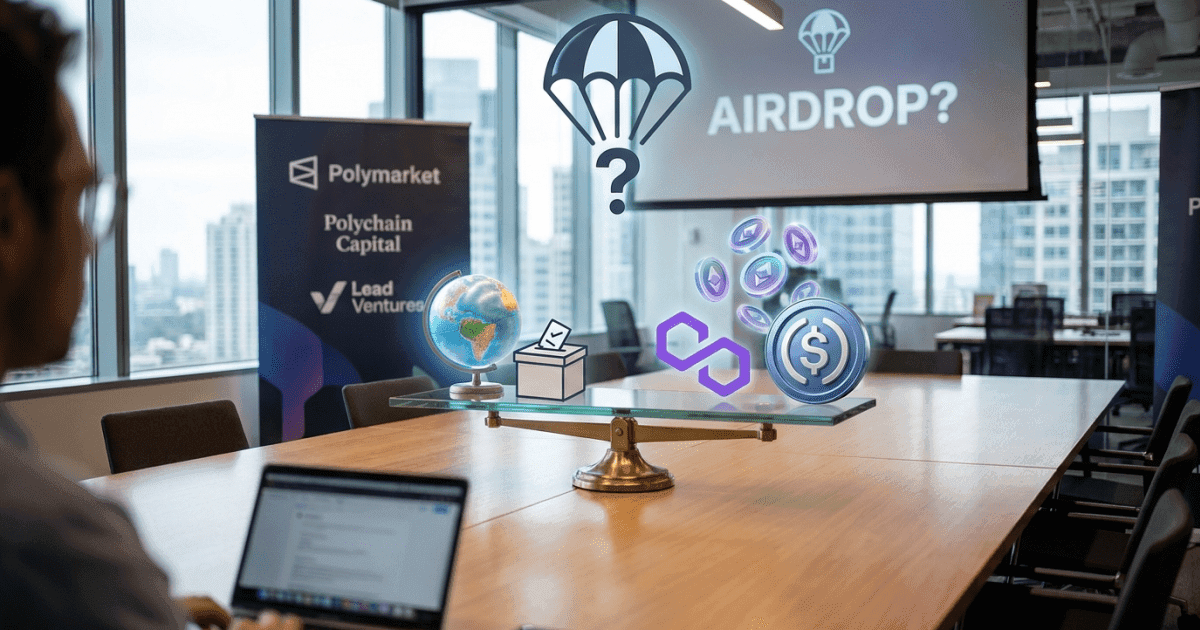 Ilustração editorial sobre airdrop: Polymarket: o maior mercado de previsões descentralizado e seu potencial airdrop