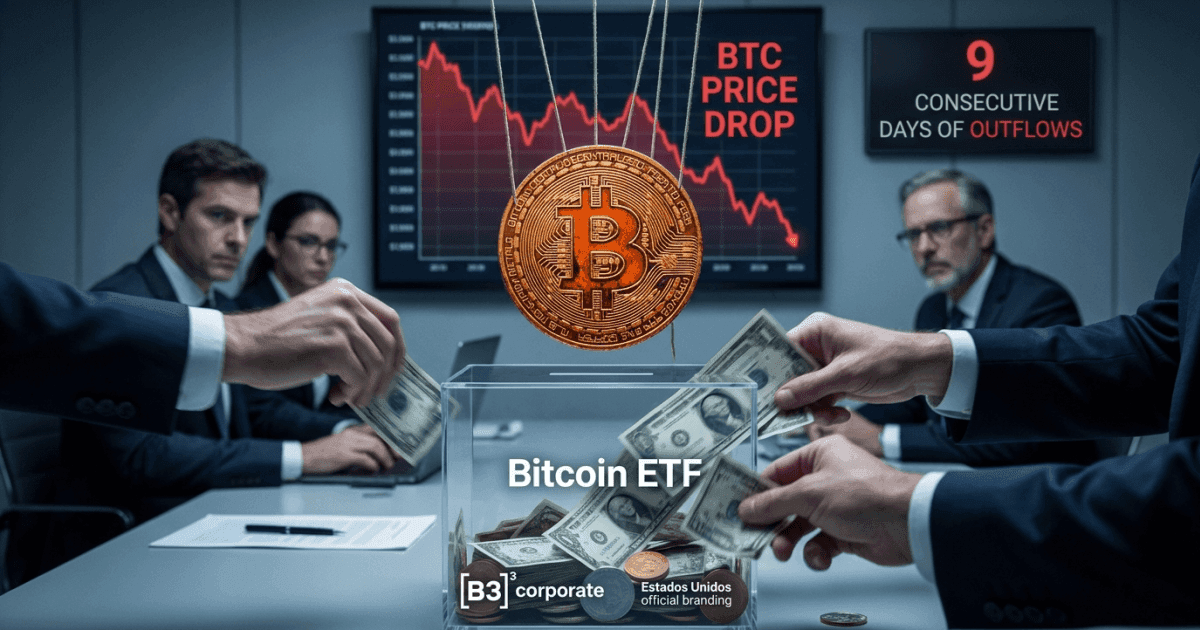 Ilustração editorial sobre regulação: Bitcoin Desvaloriza: ETFs Registram 9 Dias de Saídas Consecutivas