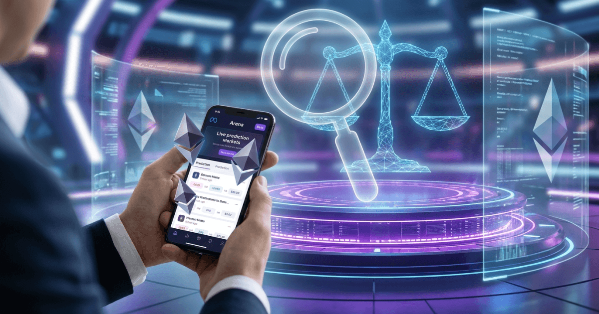 Ilustração editorial sobre regulação: Regulação Cripto: Meta Desenvolve App de Previsão 'Arena