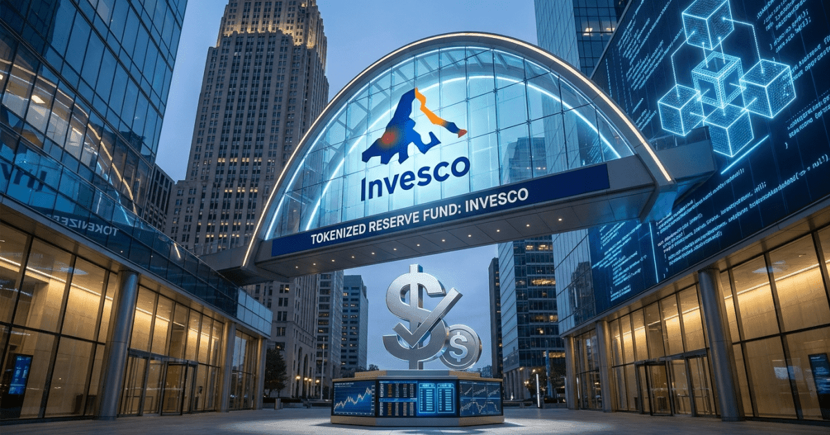 Ilustração editorial sobre defi: DeFi: Invesco Propõe Fundo Tokenizado para Reservas Stablecoin