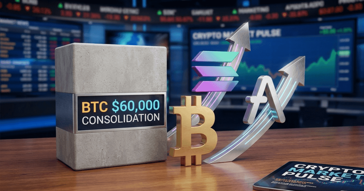 Ilustração editorial sobre altcoins: Altcoins Lideram Alta: Solana e Aave se Destacam; BTC nos US$60.000