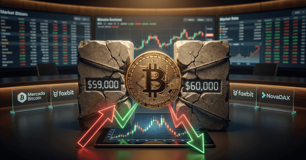 Ilustração editorial sobre altcoins: Bitcoin Sinaliza Risco: Consolidação entre US$59k e US$60k