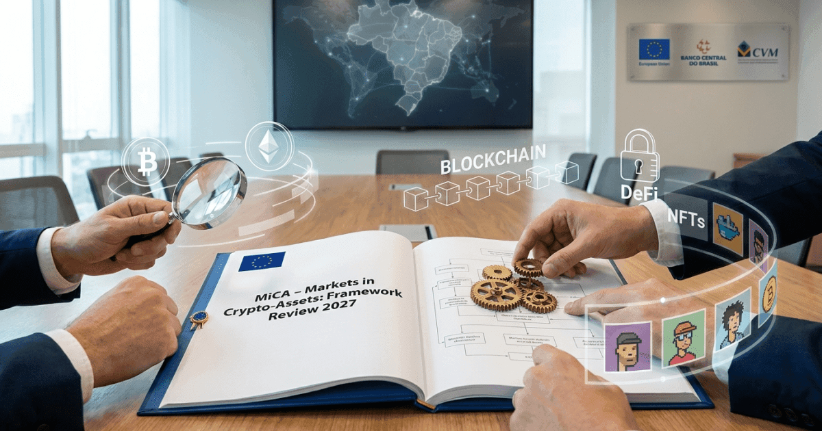 Ilustração editorial sobre ethereum: Ethereum: UE Reavalia MiCA, Impacto na Regulação Cripto
