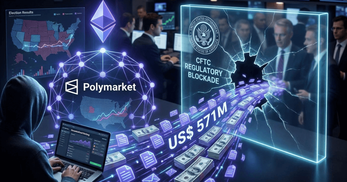 Ilustração editorial sobre regulação: Regulação Cripto: Polymarket Desafia Proibições com US$571M