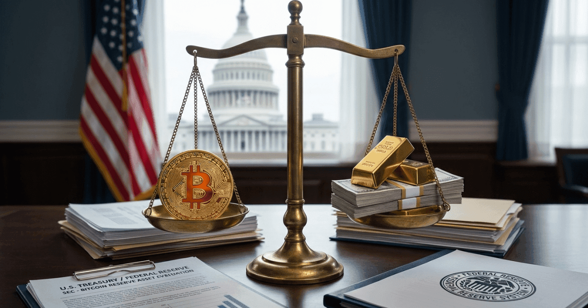 Ilustração editorial sobre bitcoin: Futuro do Bitcoin: EUA Avaliam Inclusão como Reserva Nacional