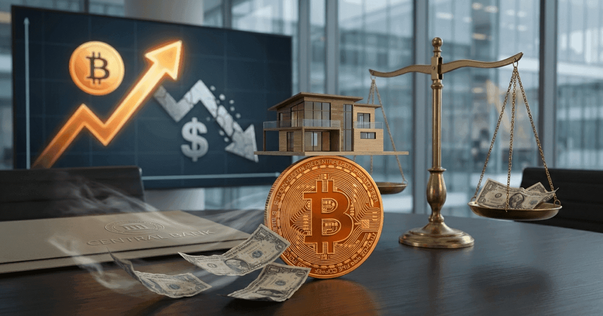 Ilustração editorial sobre bitcoin: Bitcoin Revela Desvalorização do Dólar no Mercado Imobiliário