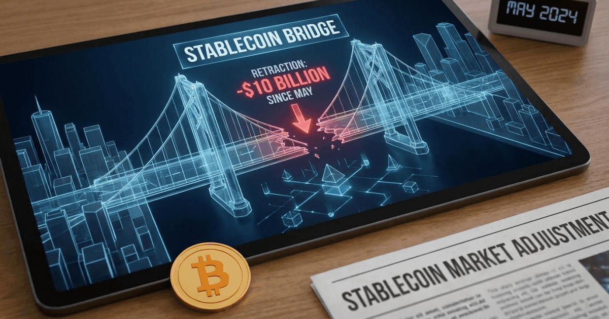 Ilustração editorial sobre defi: DeFi: Retração de US$ 10 Bi em Stablecoins Sinaliza Mudanças?