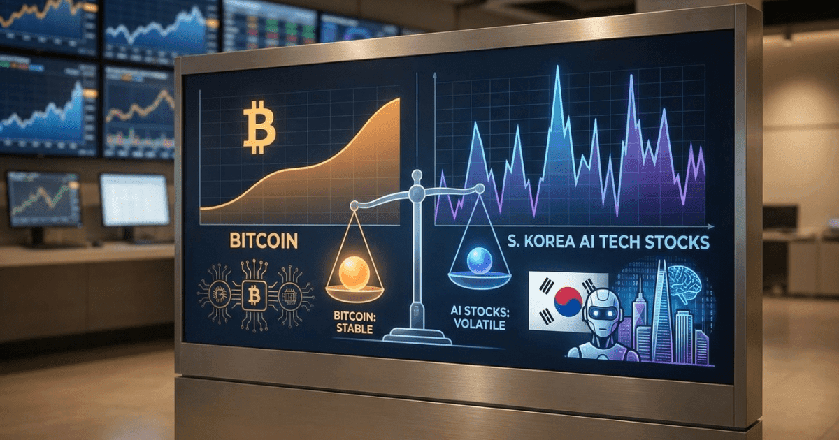 Ilustração editorial sobre bitcoin: Bitcoin Revela Menor Volatilidade que Ações Coreanas com IA em Queda