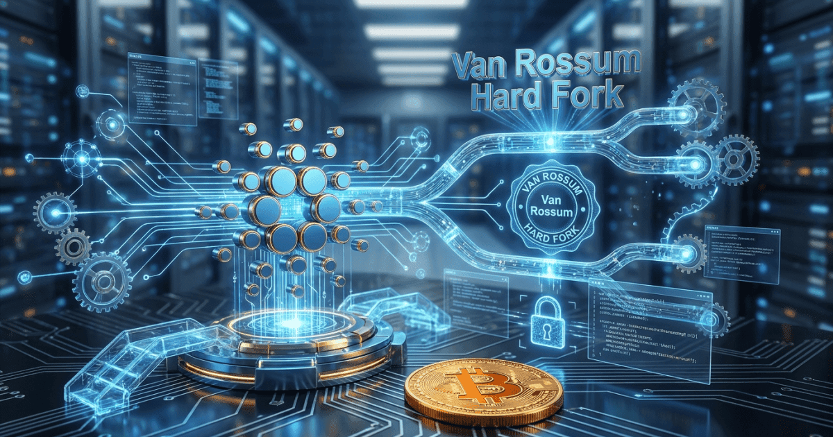 Ilustração editorial sobre altcoins: Cardano Lança Hard Fork 'Van Rossum': Altcoin Otimiza Rede