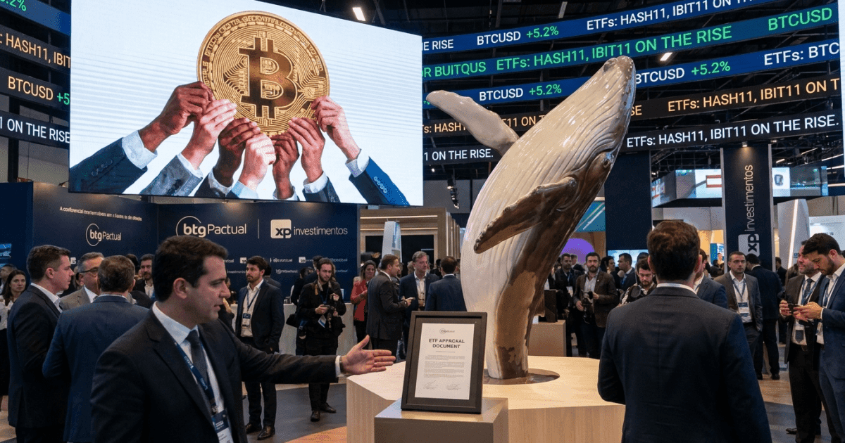 Ilustração editorial sobre bitcoin: Bitcoin Consolida Rally com Forte Apoio Institucional e de Baleias