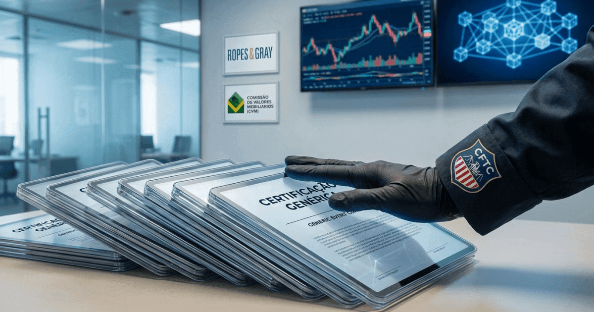 Ilustração editorial sobre regulação: CFTC Intensifica Regulação: Exige Fim de Certificações Genéricas