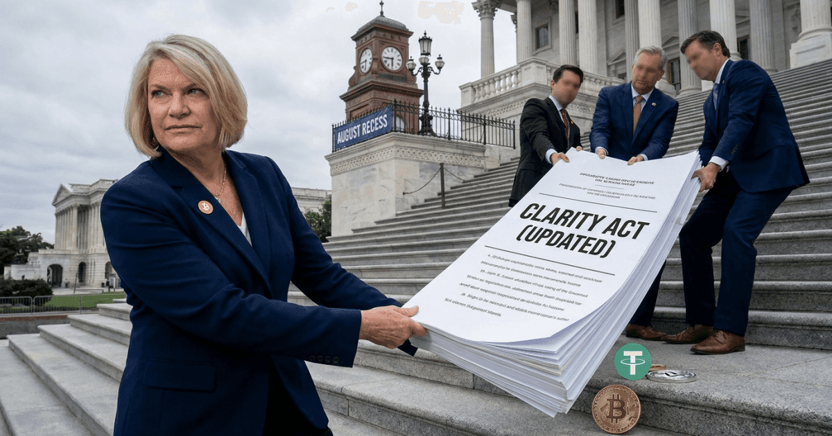 Ilustração editorial sobre regulação: Bitcoin: Senadora Lummis Acusa Democratas de Travar Lei Cripto nos EUA