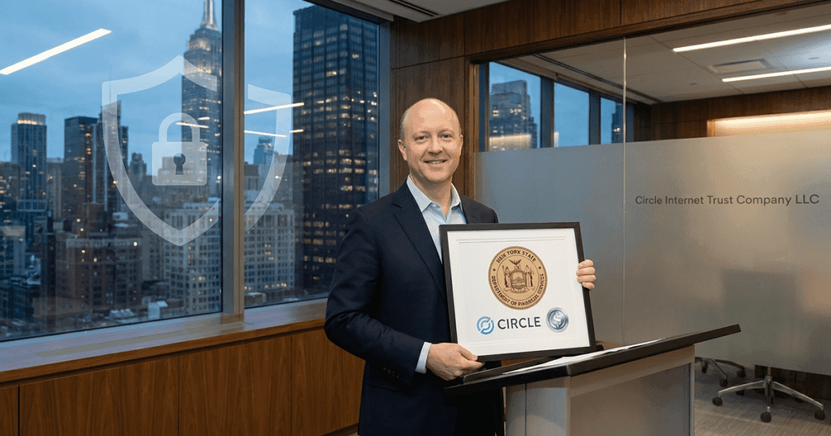 Ilustração editorial sobre regulação: Regulação Cripto: Circle Obtém Licença de Fiduciário em Nova York