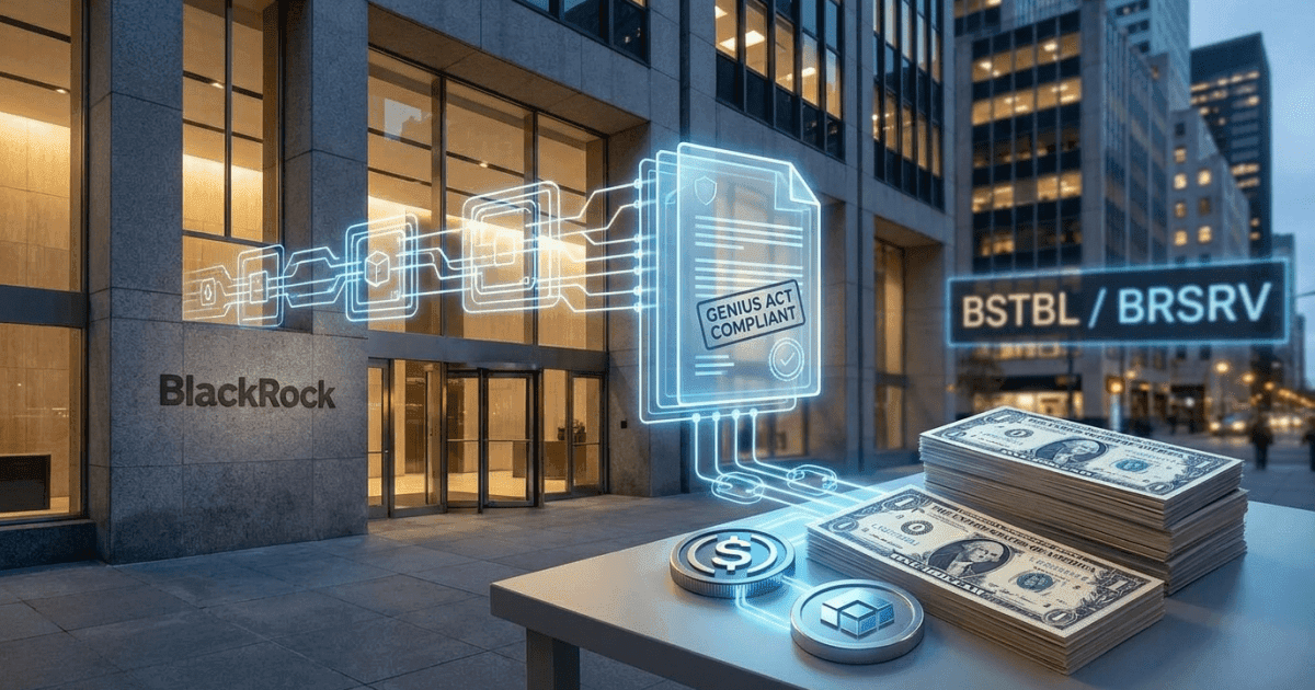 Ilustração editorial sobre defi: DeFi: BlackRock Lança Fundos Tokenizados para Reservas de Stablecoins